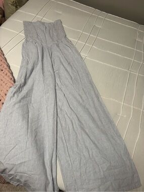 American Eagle Outfitters Blue & White Striped Strapless Wide-Leg Jumpsuit